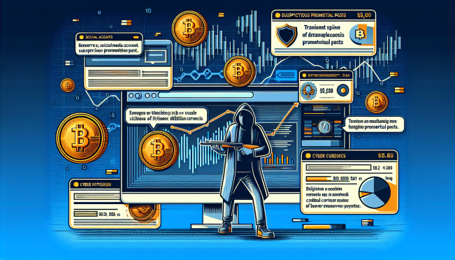 A digital illustration showing a mix of celebrity social media accounts with suspicious promotional posts, highlighting the brief surges in meme coin values and the concept of hacking.