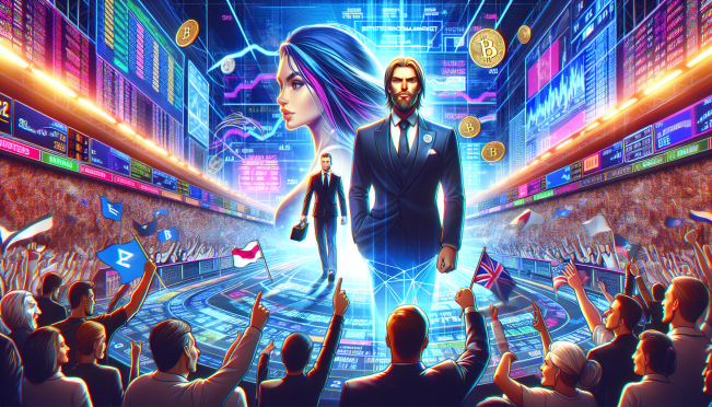 A dynamic depiction of the 2024 U.S. presidential race, featuring Donald Trump and Kamala Harris in a digital betting market setting with elements of cryptocurrency and a bustling election rally.