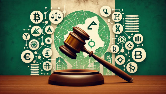 An image illustrating the concept of cryptocurrency regulation in Nigeria, featuring symbols of the Nigerian naira, digital currency icons, and a gavel to represent law and order. The background should subtly incorporate the Nigerian flag colors to emphasize the country's involvement.