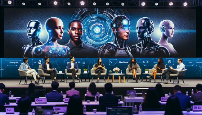 Panel discussion at technology conference with futuristic AI and healthcare gadgets on display