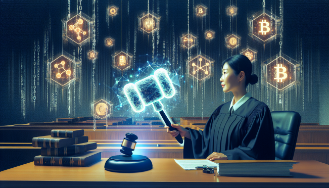 A courtroom scene in South Korea with a digital gavel, representing the division of cryptocurrency assets in divorce cases, with blockchain symbols in the background.