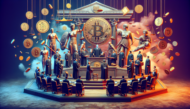 A dynamic courtroom scene illustrating the clash between traditional regulatory bodies and the crypto community, with symbolic elements of justice scales, Bitcoin, and SEC documents.