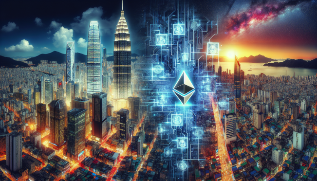 A juxtaposition of US and South Korean financial districts, with digital Ethereum symbols overlaid, reflecting the tension and anticipation in the crypto market.