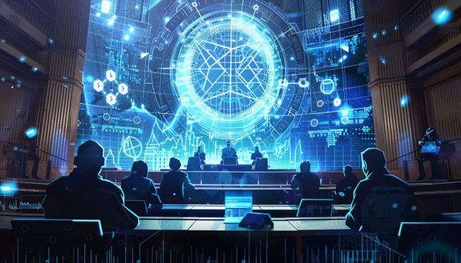 A dramatic courtroom scene with tense figures representing Ripple and the SEC, a calendar showing August 1st, and a backdrop of digital assets and blockchain symbols.