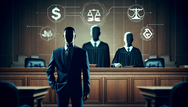 A courtroom scene with Ryan Salame standing before a judge, with the logos of FTX and Alameda Research subtly in the background, symbolizing the seriousness of the financial crimes.