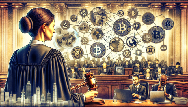 A courtroom scene with cryptocurrency symbols and Binance logo, Judge Amy Berman Jackson handing down a ruling, a contrasting image of Binance's bustling exchange platform with a global user base.