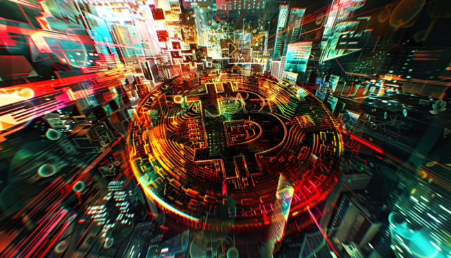 A digital art piece showcasing a futuristic Bitcoin symbol intertwined with ZK-STARK and Cairo technology elements, surrounded by known Bitcoin OGs and StarkWare logos, representing innovation and security in the cryptocurrency landscape.