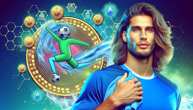 A vibrant image capturing Ronaldinho and Lionel Messi promoting Water Coin, featuring the Water Coin mascot and elements symbolizing water conservation and blockchain technology in the background.