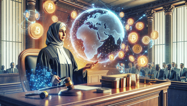 A courtroom scene with a judge approving a large financial settlement, featuring symbols of cryptocurrency such as digital coins, and a globe indicating international legal issues. The image should convey a sense of legal authority and global impact.