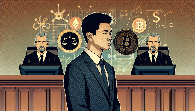 A courtroom scene with Yang Bin, the former second-richest man in China, standing trial for a crypto Ponzi scheme. The background should feature elements of cryptocurrency, like digital coins and blockchain symbols, to highlight the nature of the crime.