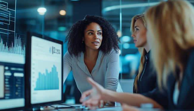 A diverse group of professional women working in a modern crypto office setting, showing graphs and charts, symbolizing higher earnings and success in the cryptocurrency industry.