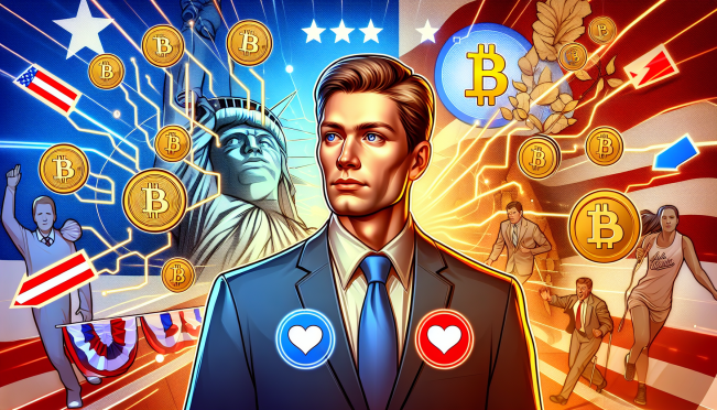 A dynamic digital illustration showing Eric Trump alongside symbols of cryptocurrencies like Bitcoin, amidst a backdrop of political campaign elements, highlighting the intersection of politics and digital finance.