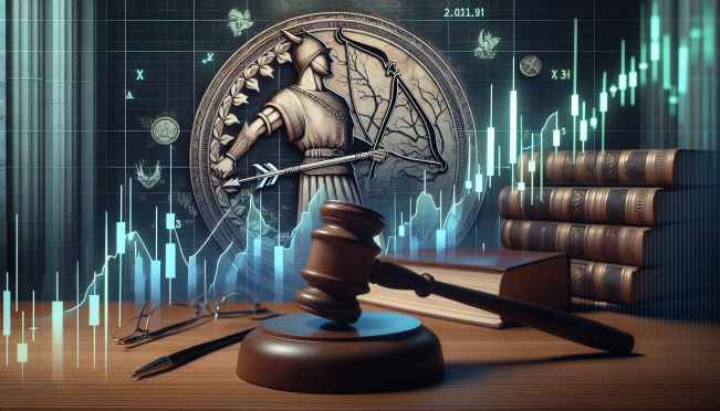 An engaging courtroom scene with Robinhood's logo in the background, a gavel symbolizing justice, and a stock market chart showing meme stocks like GameStop and AMC.