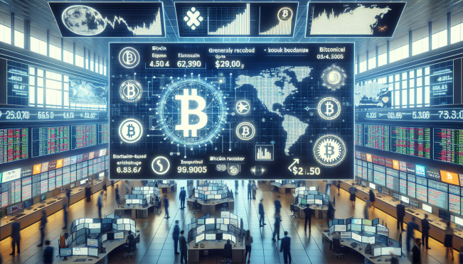 A bustling Australian stock exchange with digital screens displaying the VanEck Bitcoin ETF (VBTC) ticker symbol. Include elements that represent Bitcoin and traditional financial markets, such as a Bitcoin symbol and a brokerage chart.