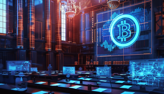 An image illustrating the return of the Bitcoin white paper to Bitcoin.org, featuring courtrooms, legal documents, and a digital representation of the white paper with blockchain elements.