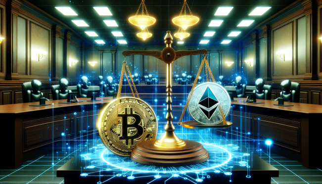 A digital courtroom with symbols of cryptocurrency (like Bitcoin and Ethereum) and justice scales, highlighting the clash between crypto exchanges and regulatory laws.