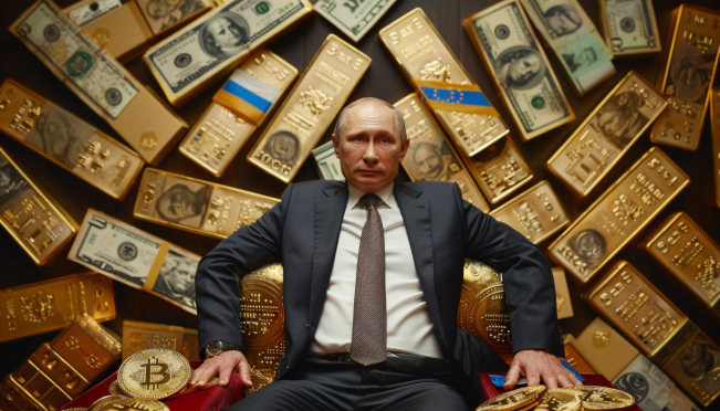 A dynamic image featuring Vladimir Putin addressing the abandonment of the gold standard with symbolic elements like gold bars, U.S. dollars, and the flags of BRICS nations. Include visual cues of modern cryptocurrency symbols, hinting at the shift towards alternative assets.