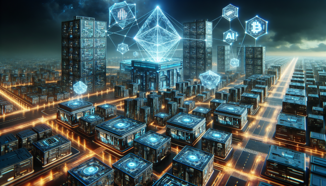 A futuristic cityscape with AI-driven infrastructure and blockchain nodes interconnected, highlighting the synergy between artificial intelligence and cryptocurrency. Include elements like data centers, AI chips, and virtual assistants.