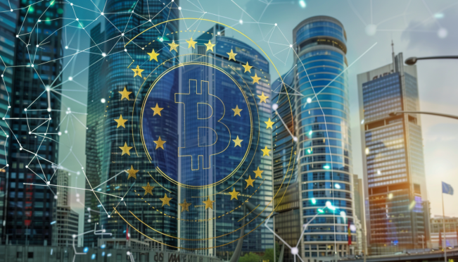 A digital representation of Circle's logo alongside the European Union flag, symbolizing regulatory compliance and stablecoin issuance, with a backdrop of a modern financial district in France.