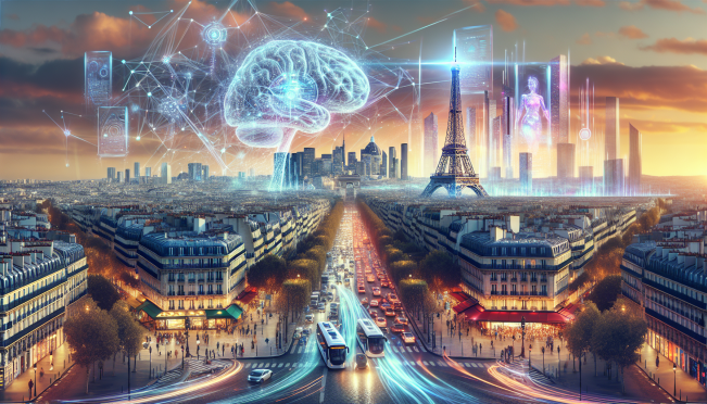 A dynamic and futuristic image of Paris with elements symbolizing artificial intelligence, such as neural networks, data streams, and futuristic technology. The iconic Eiffel Tower in the background, merged with digital and AI elements to represent a thriving AI startup scene.