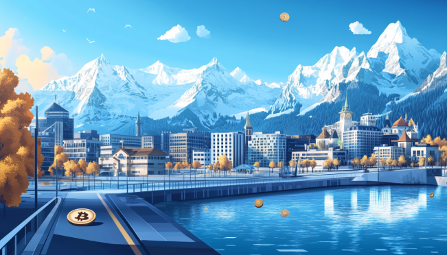 A sleek, modern depiction of BBVA's digital banking interface showcasing multiple cryptocurrencies including Bitcoin, Ether, and USDC, with a backdrop of Switzerland's iconic Swiss Alps and tech-savvy cities like Zug.