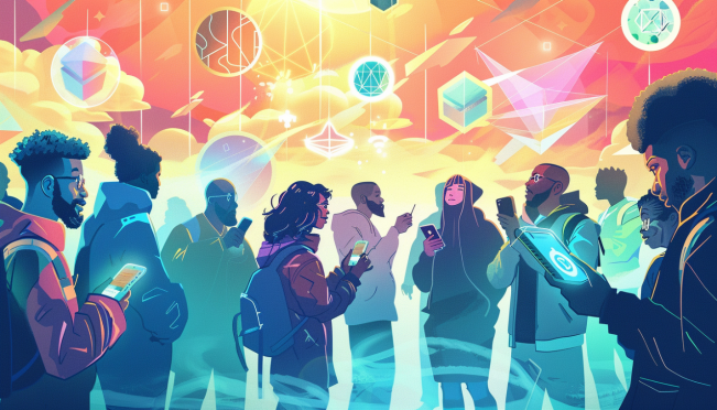 A visually engaging and futuristic illustration showing a diverse group of people from around the world using their smartphones to access the World App, with Worldcoin logos and Ethereum symbols integrated into the design, highlighting the app's global reach and the seamless integration of blockchain technology.