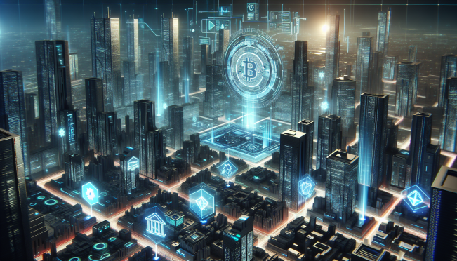 A futuristic depiction of Dubai with blockchain and cryptocurrency symbols, showcasing Tether's new UAE Dirham-pegged stablecoin and the city's vibrant, tech-savvy atmosphere.