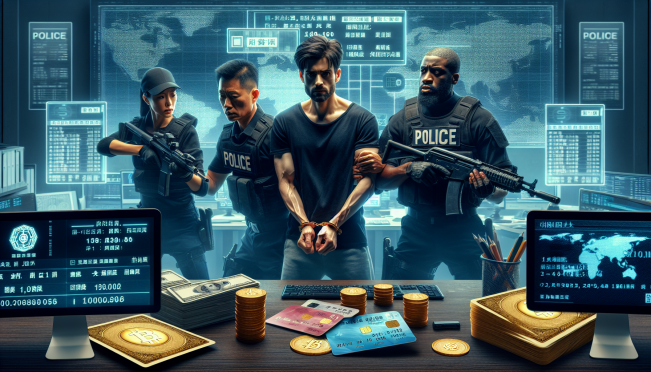 A dramatic scene featuring police in Sichuan province arresting suspects involved in a large-scale underground banking scheme. Background elements include confiscated items like bank cards and computer screens displaying Tether's USDT stablecoin transactions. The setting should reflect an atmosphere of a high-stakes financial crime investigation.