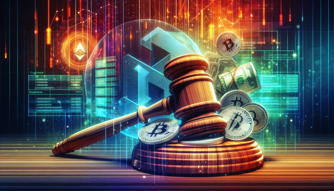 An image depicting a gavel and a stack of money representing the fine imposed on Binance, alongside a vibrant crypto exchange screen highlighting the listing of LayerZero's ZRO token.