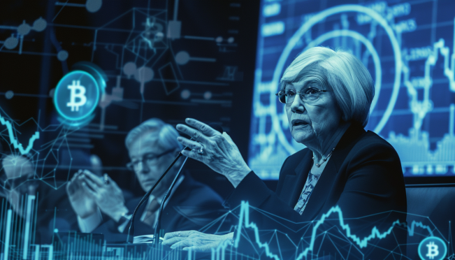 An illustration showing US Treasury Secretary Janet Yellen speaking at a hearing, with symbolic representations of the SEC and CFTC on either side. Include visual elements of blockchain and cryptocurrency to convey the theme of regulatory debate.