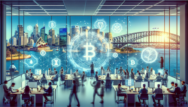 A bustling office in Sydney with OKX branding, Australian landmarks in the backdrop, and digital crypto symbols floating around, representing the expansion of a global crypto exchange into Australia.