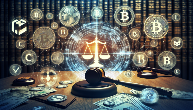 An image of a courtroom with symbols of Coinbase and the SEC on opposing sides, a gavel, and cryptocurrency symbols in the background, symbolizing the legal battle between Coinbase and the SEC over cryptocurrency regulation.