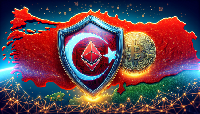 A digital illustration showing a protective shield over a map of Turkey, symbolizing the country's new cryptocurrency regulations. Include imagery of digital currencies like Bitcoin and Ethereum being safely guarded under this shield, with the Turkish flag subtly integrated into the background.