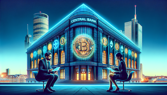 Central Bank of Latvia building with digital crypto symbols, blockchain network graphics, and a consultation setting with business people discussing documents.