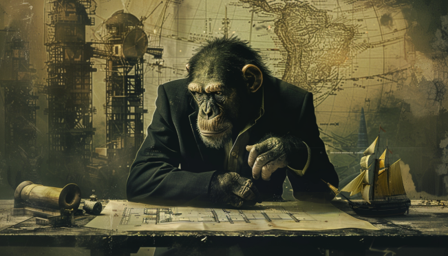 An artistic representation of a bored ape in a business suit, looking at a blueprint of a new structure, with symbolic elements such as a phoenix rising from ashes, a 3D model of Otherside, and a ship steering back on course, all set against a backdrop that merges the digital and creative worlds.