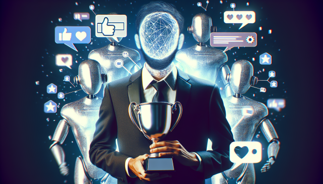 A digital illustration of a crypto influencer with a blurred face, surrounded by robotic bots, holding an award trophy with social media icons floating around.