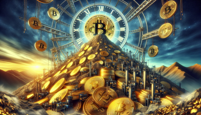 A digital illustration showcasing a mountain of golden Bitcoins with mining equipment in the foreground and a countdown clock indicating the time left until the Bitcoin halving event, symbolizing the peak revenue before the halving.