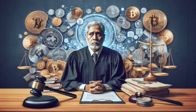 An older man in a courtroom, looking remorseful, with a backdrop of cryptocurrency symbols and legal documents. Include elements like a gavel and a Bitcoin symbol to signify the legal and crypto aspects of the case.