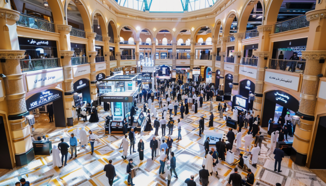 A bustling event in a grand Dubai venue, featuring diverse attendees, innovative tech booths, and an engaging panel discussion with industry experts.