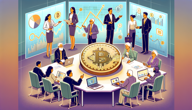 An illustration showing a diverse group of investors, from young professionals to retirees, considering a modest Bitcoin investment. Include visual elements like Bitcoin symbols, financial charts, and advisors offering guidance in a conference setting.