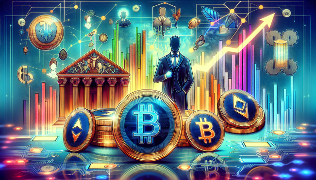 A dynamic and colorful image of Trump-themed meme coins with a background of political symbols, blockchain elements, and a rising graph to represent the surge in value and trading volume.