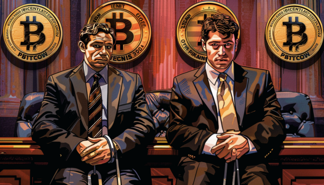 A courtroom setting with two individuals in handcuffs, representing Aiden Pleterski and Colin Murphy, with a backdrop of cryptocurrency symbols and Canadian law enforcement badges.