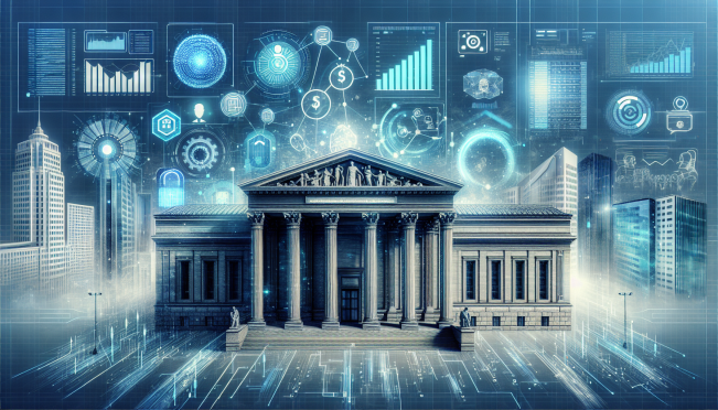 An illustration of a futuristic central bank with AI elements integrated into its operations. The image should feature data streams, financial graphs, and AI icons, showcasing the interplay between traditional banking and advanced technologies.