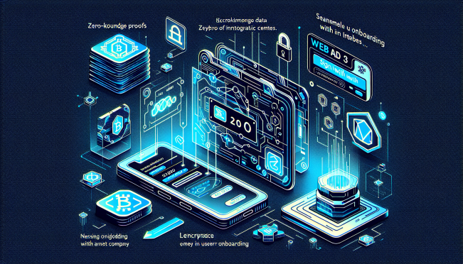 A futuristic digital wallet with blockchain elements, zero-knowledge proofs, and Google login integration, showcasing seamless user onboarding in a Web3 environment.