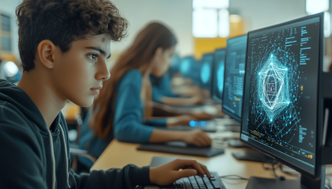 High school students in Buenos Aires engaging in futuristic blockchain and Ethereum technology classes, with teachers learning through hybrid training programs. Visualize students working on computers with blockchain graphics and teachers in a modern classroom environment.