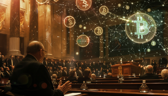 A dramatic scene in a US congressional hall with lawmakers debating, digital assets symbols floating in the background, and a concerned Gary Gensler at a podium.