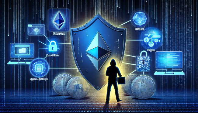 A digital illustration of a security shield protecting cryptocurrency addresses, with a depiction of a hacker in the background attempting to spoof addresses. Include elements like Ethereum and BNB Smart Chain logos, and a representation of a database or algorithm working in the background.