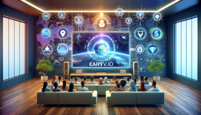 A futuristic living room with a large screen displaying the EarnTV.io interface, surrounded by digital icons representing blockchain and AI technology, with happy viewers holding digital tokens.