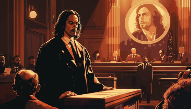 A courtroom scene with Roger Ver, known as 'Bitcoin Jesus', standing in front of a judge, with elements representing Bitcoin and legal documents in the background.