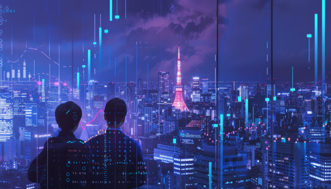 A dynamic image showcasing Japanese institutional investors analyzing cryptocurrency charts, with a backdrop of Tokyo's skyline and digital asset icons, reflecting the integration of traditional finance with digital currencies.